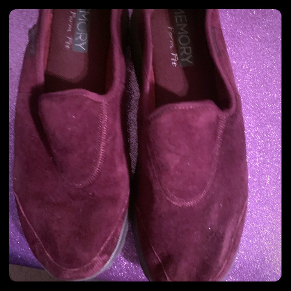 Burgundy Skechers suede slip ons